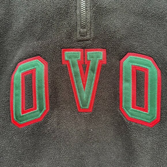 OVO Fleece Quarter-Zip Pullover Sweater - Black - Green/Red Letters - Size L - Picture 2 of 4